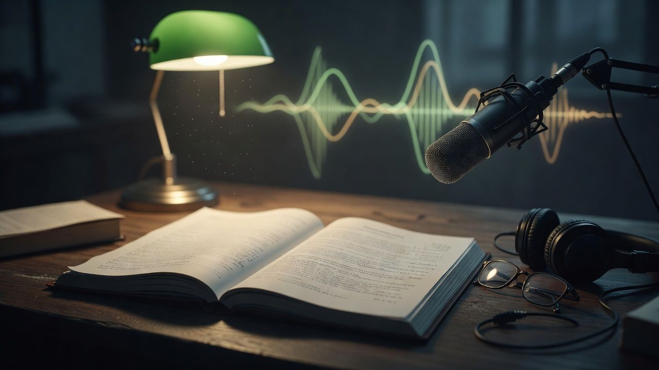 Open legal brief beside reading glasses and headphones