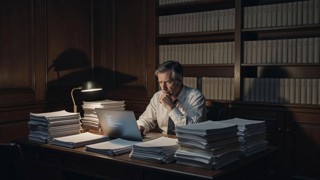Lawyer reviewing transcripts late at night in an office