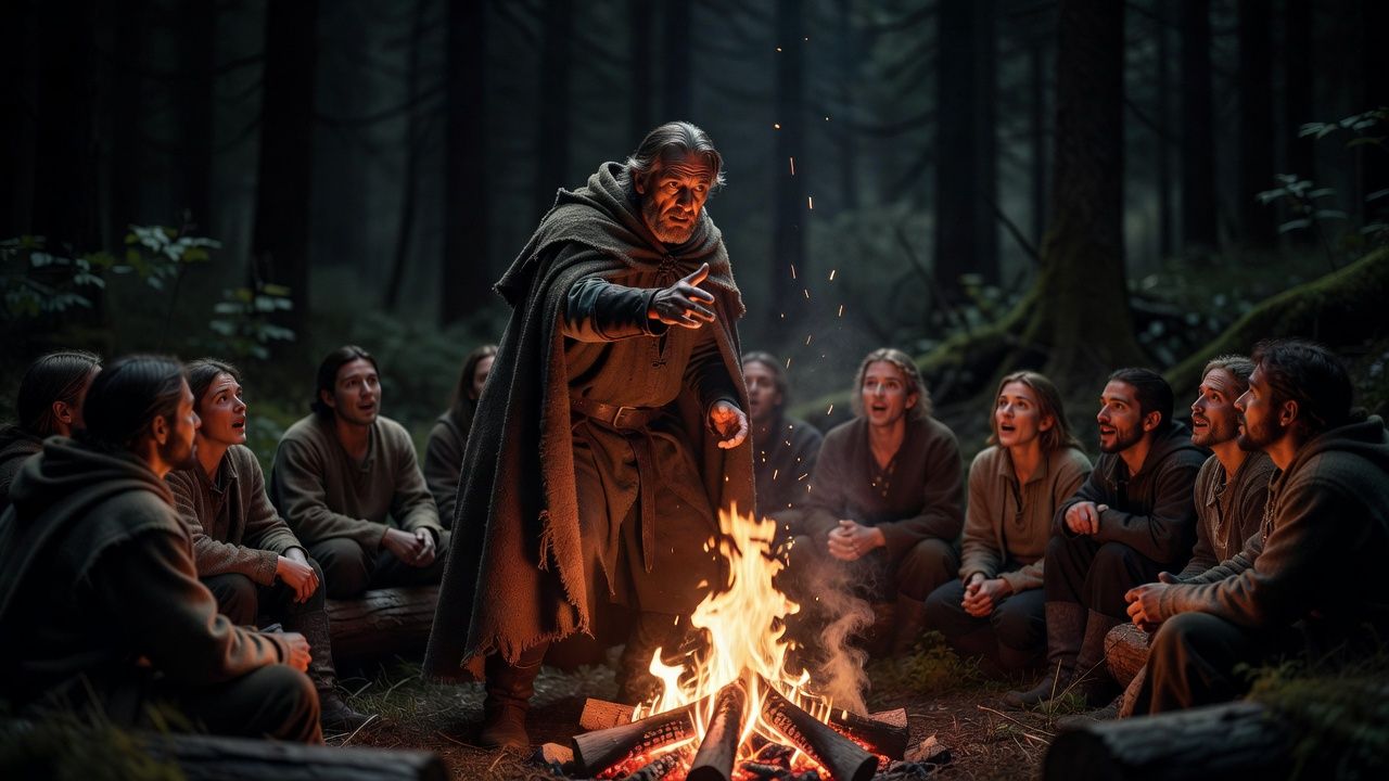 Cloaked teller addressing a gathering around a night campfire