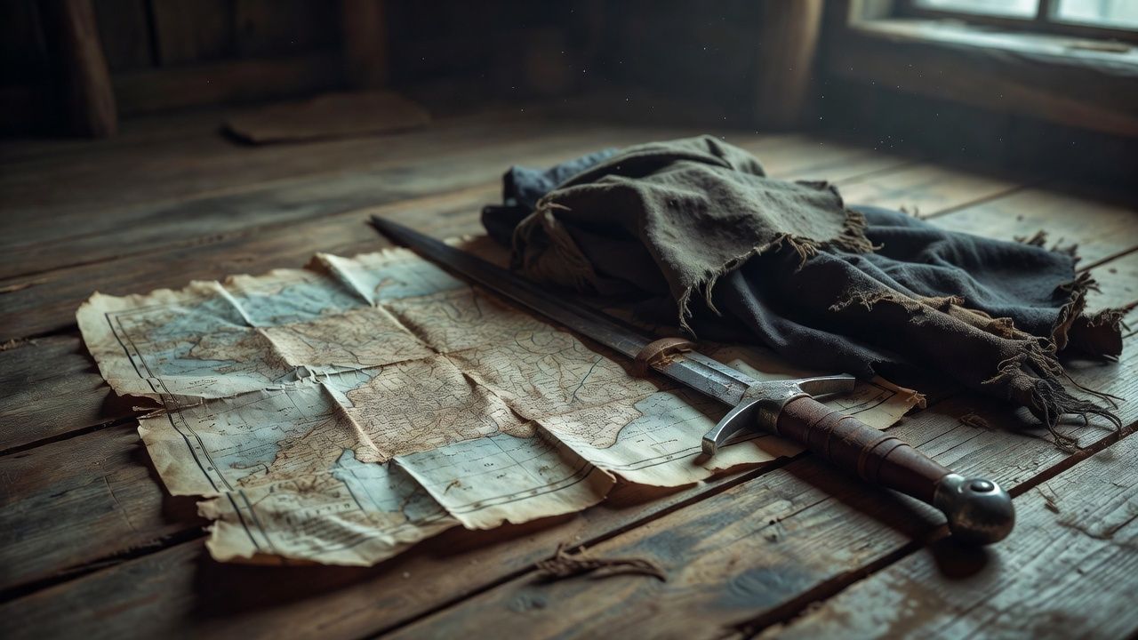 Old map, a worn cloak, and a hilt resting on rough planks