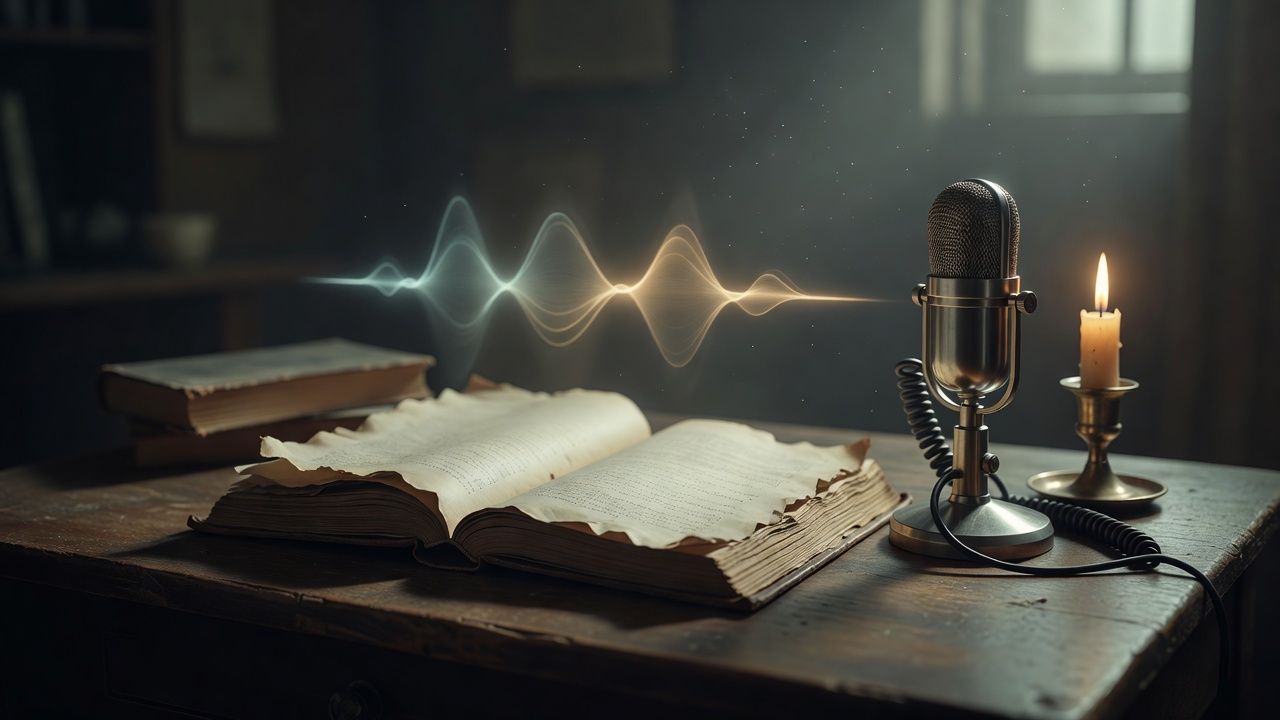 Aged manuscript of a long tale beside a single burning candle