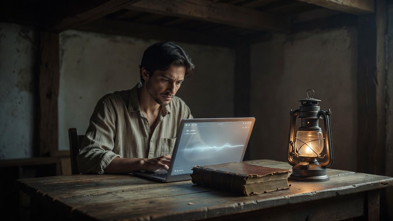 Iron lantern and a leather-bound tome on a weathered table