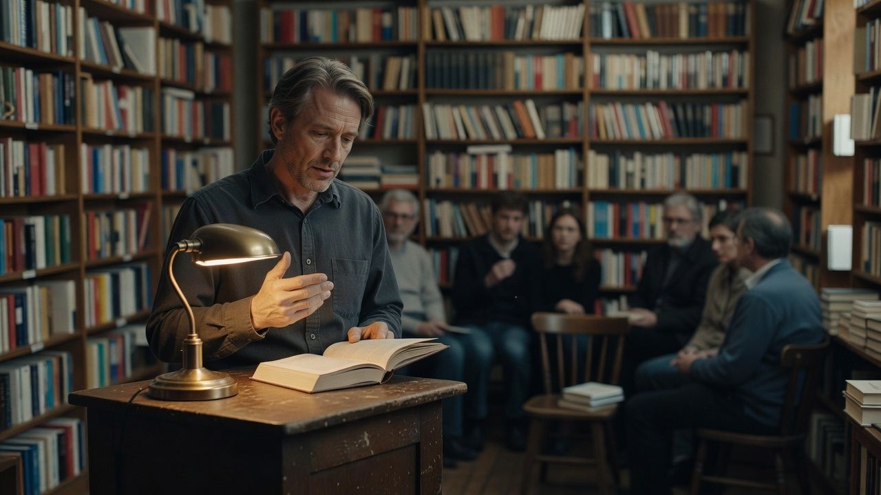 Author reading aloud at a small podium in a softly lit bookshop