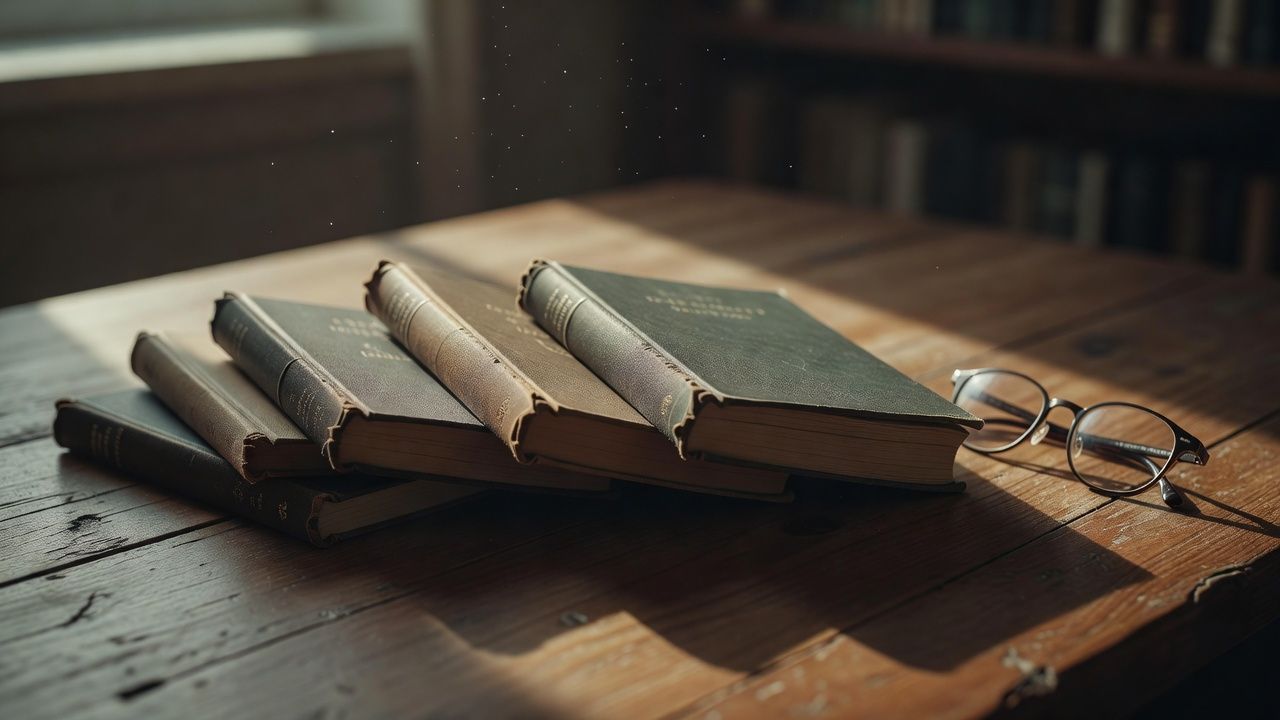 Hardcover novels fanned across a wooden table beside reading glasses