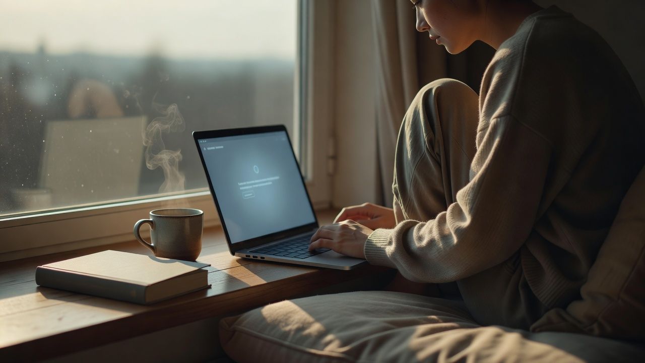 Reader curled in a window seat with an open novel and a mug of tea