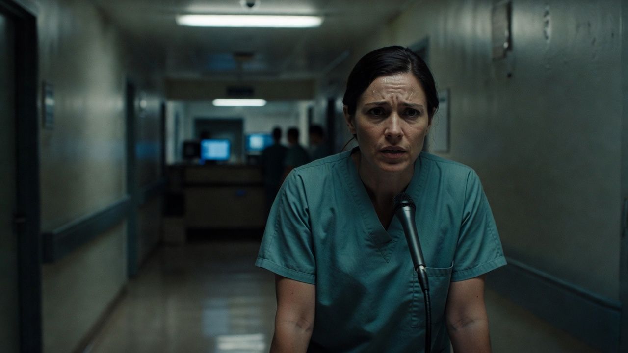 Clinician narrating into a microphone in a dim hospital corridor