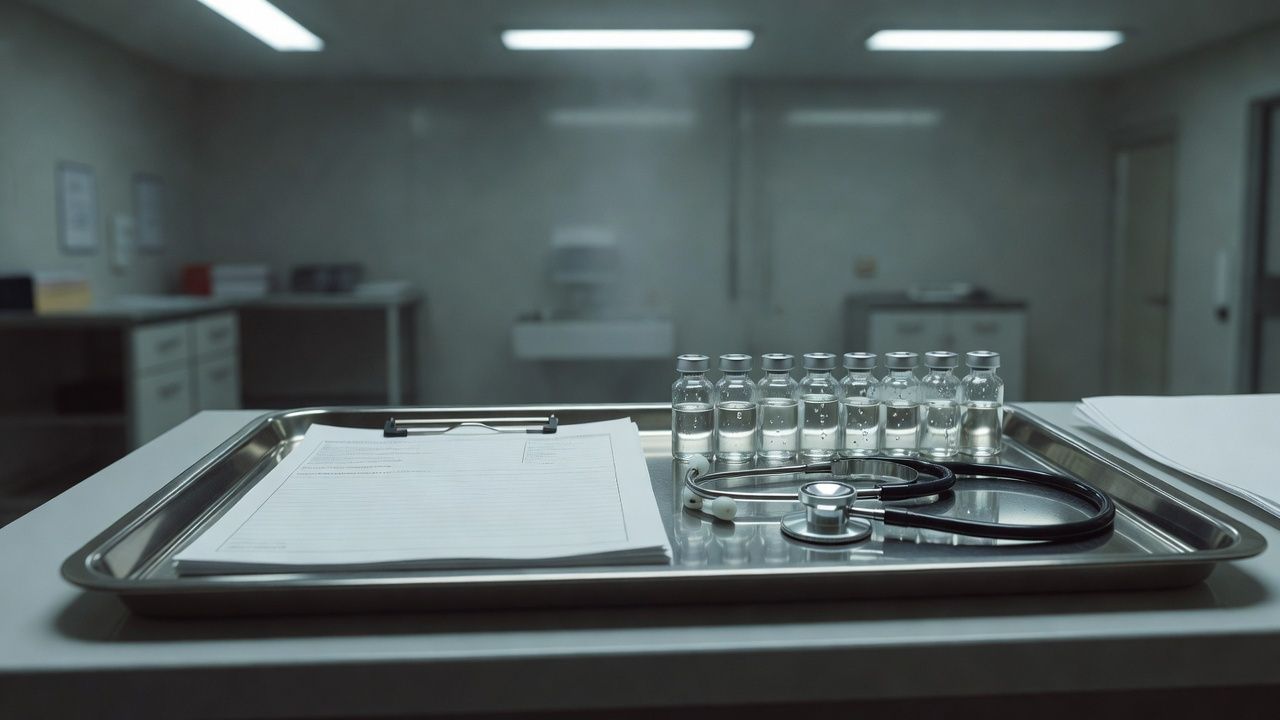Patient chart, vial rack, and a stethoscope under cold light