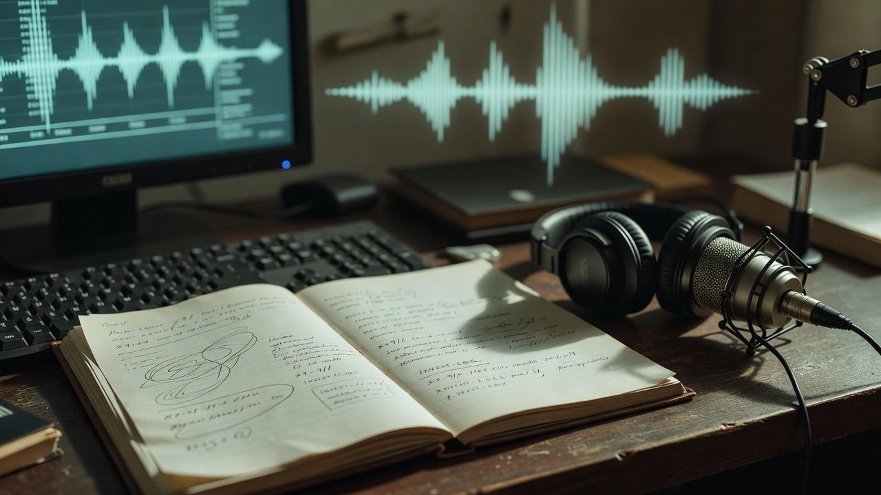 Open case notes beside a monitor readout and headphones