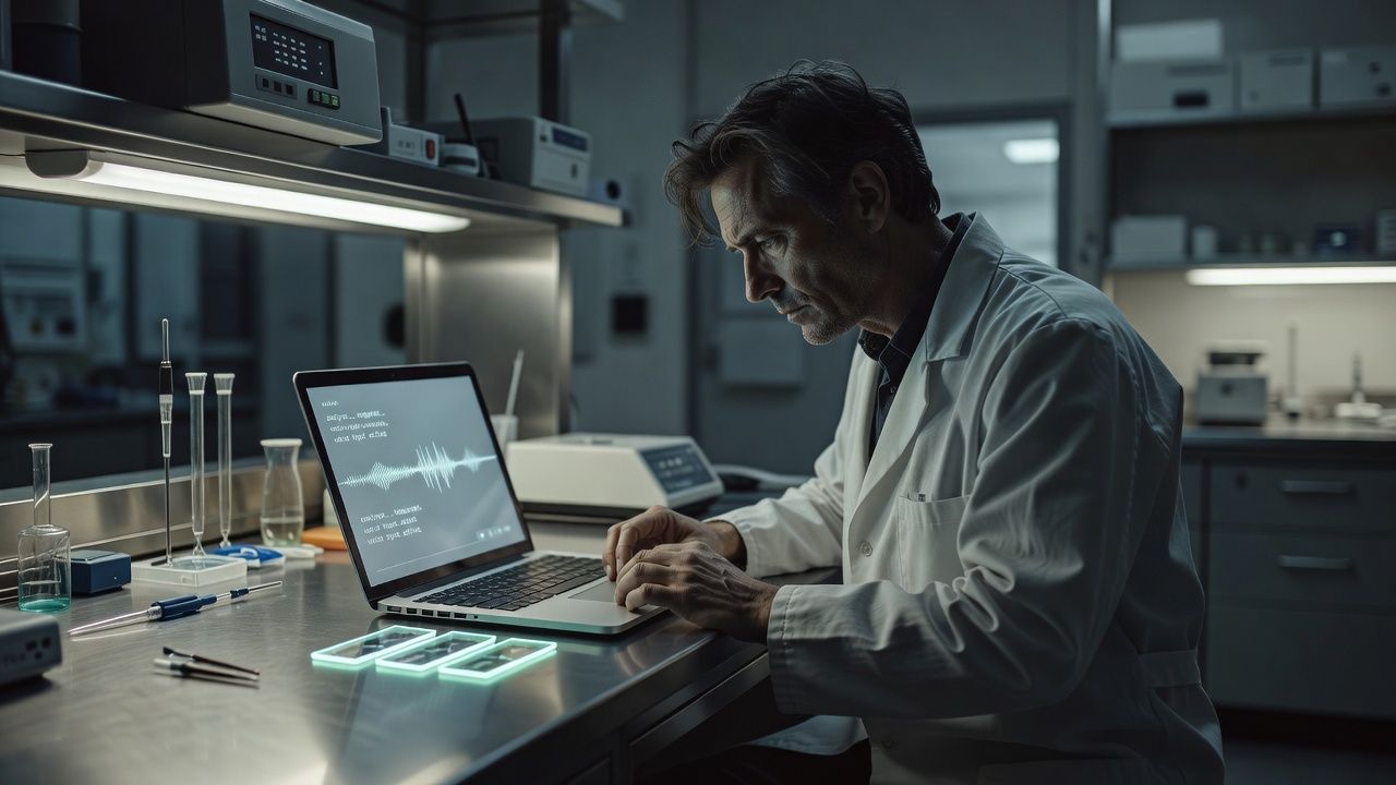 Researcher reviewing slides late at night in a sterile lab