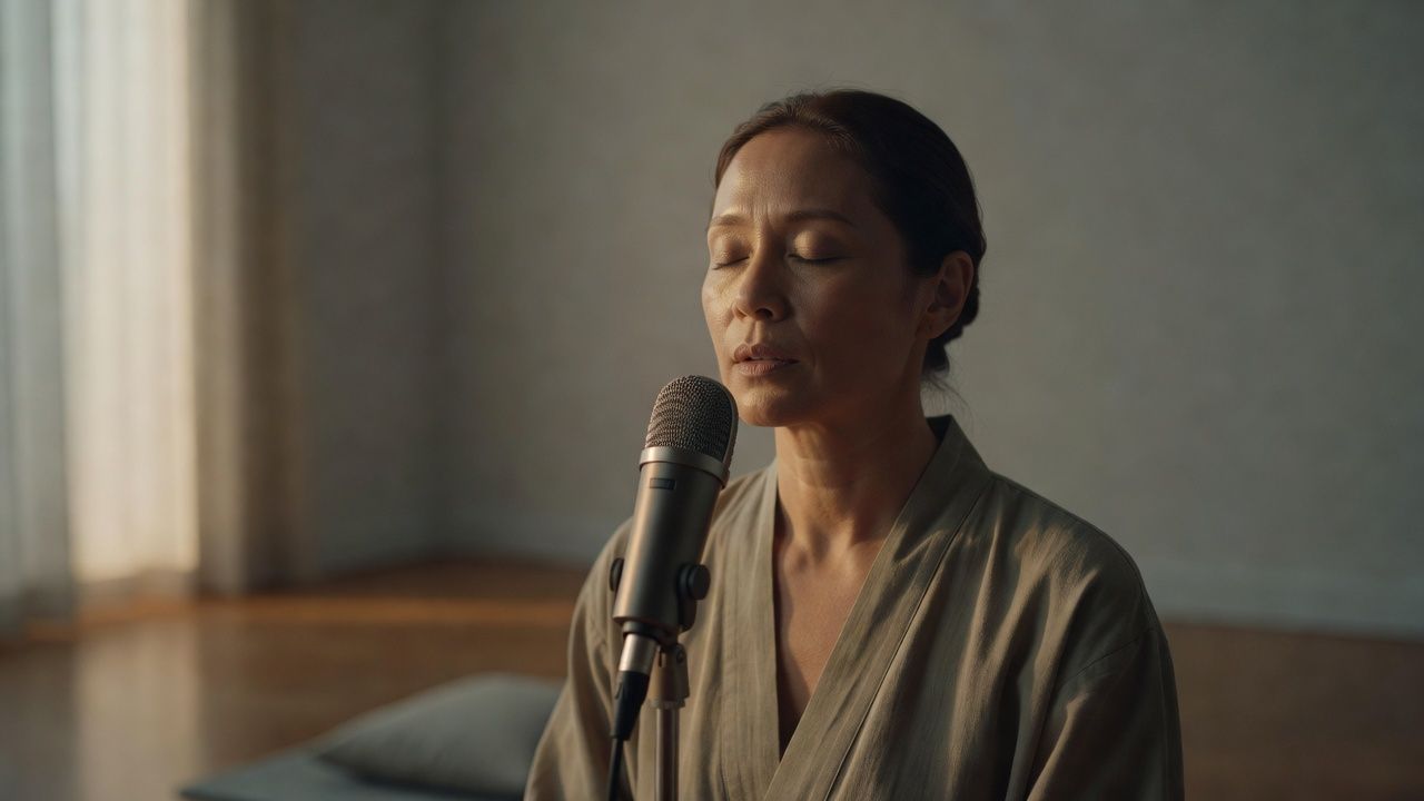 Person speaking gently into a microphone in a softly lit calm space