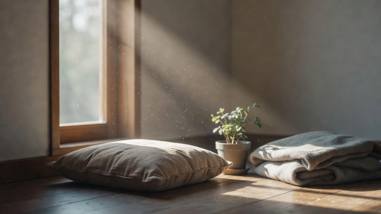 Quiet meditation cushion beside a window with soft morning light