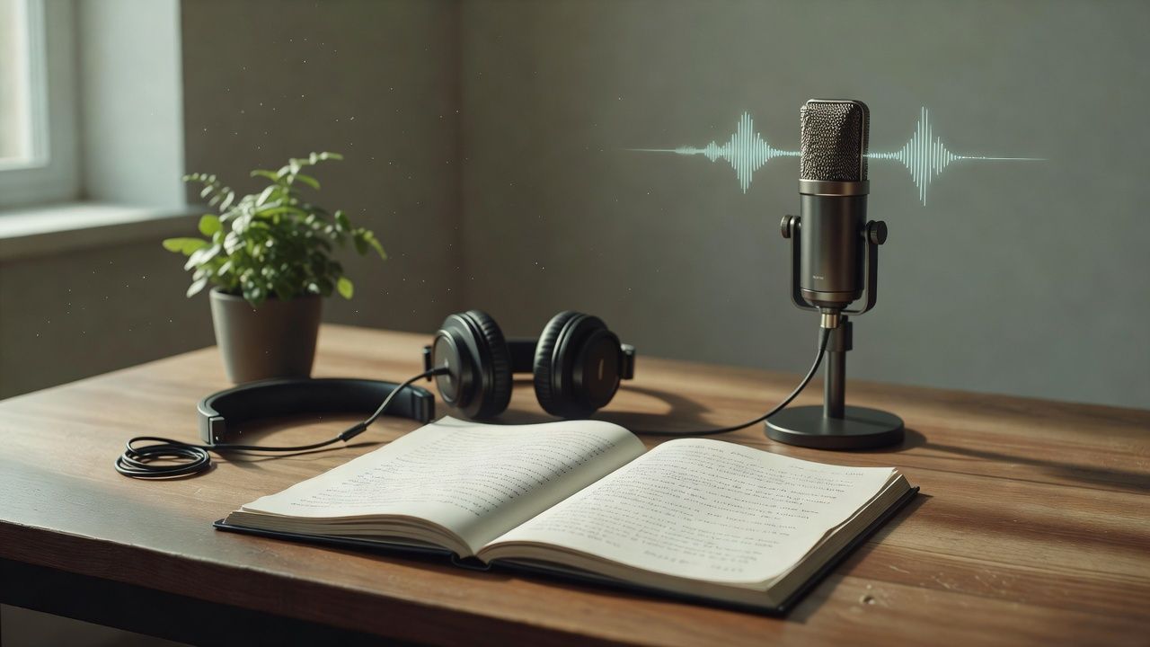Open script and headphones on a tidy desk near a small plant