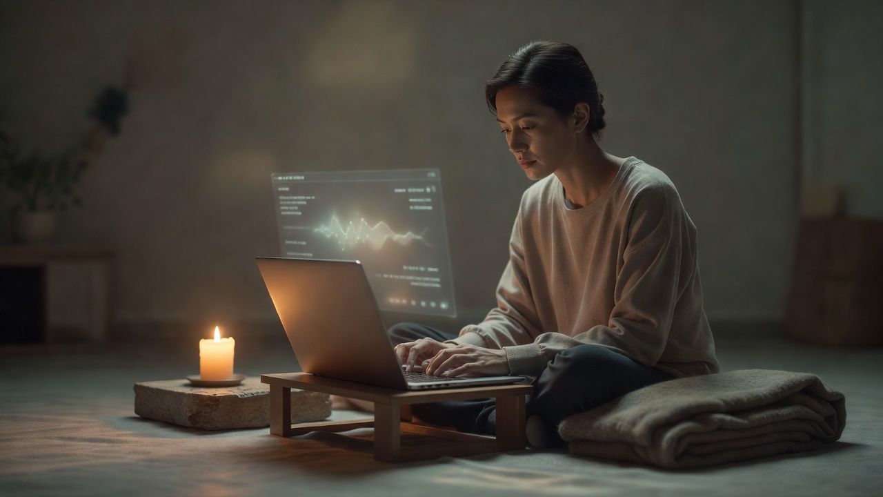 Soft candle and folded blanket in a calm, dim room at evening