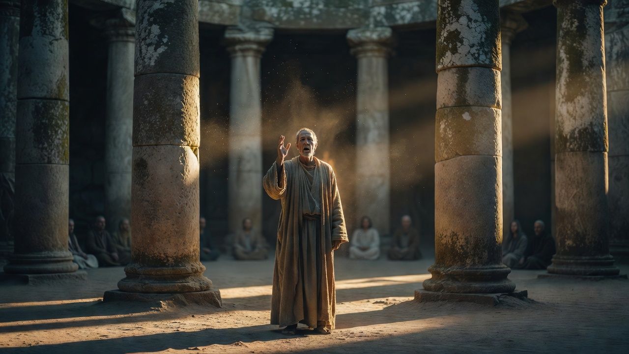 Robed storyteller reciting before a circle of stone columns