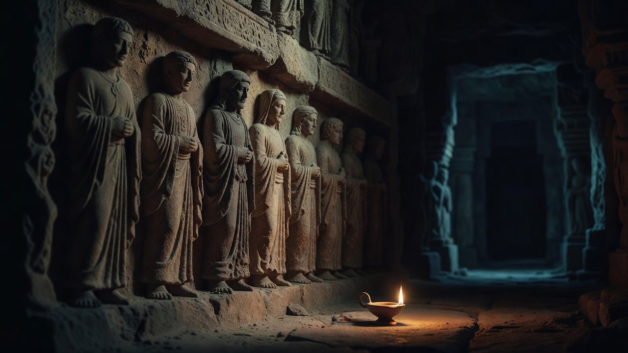 Weathered stone relief of figures beside a flickering oil lamp