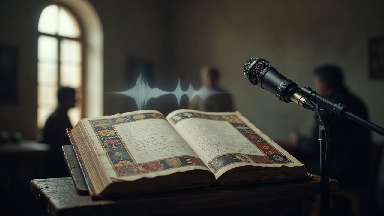Open codex with illustrated borders on a dark wooden lectern
