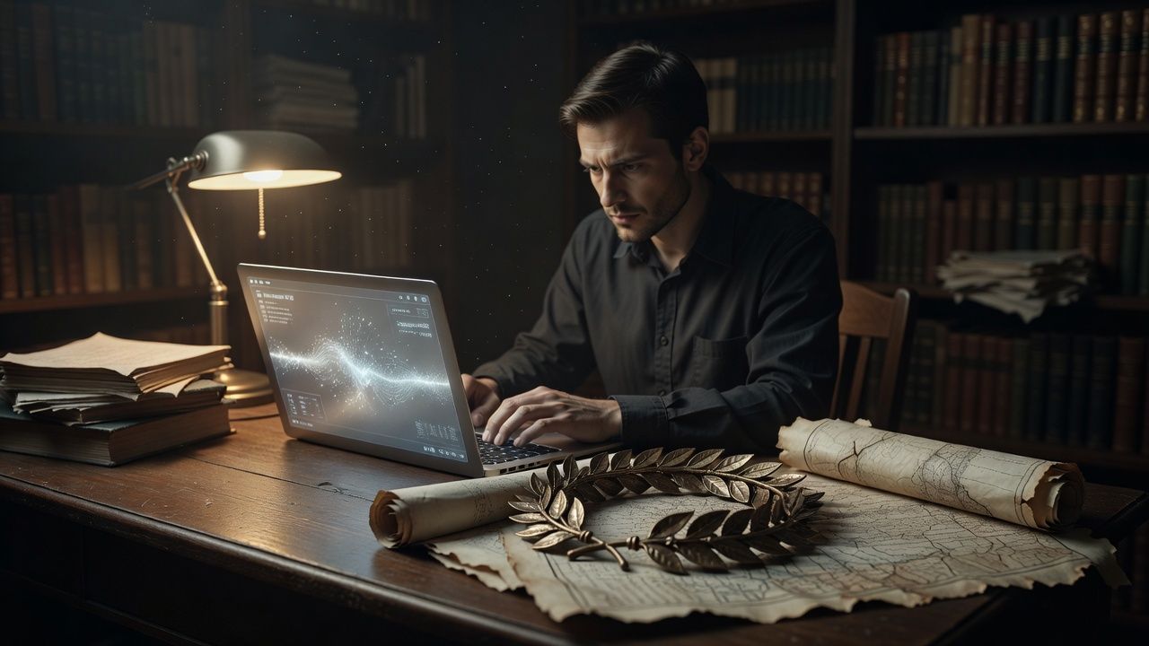 Bronze laurel wreath resting on an aged scroll and map