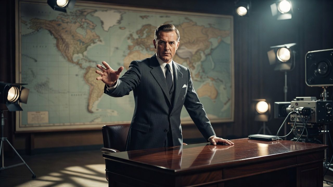 Newsreel host at a studio desk before a large map and bright lights