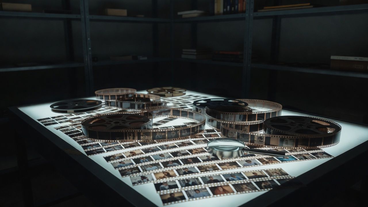 Film reels and contact sheets spread across a light table