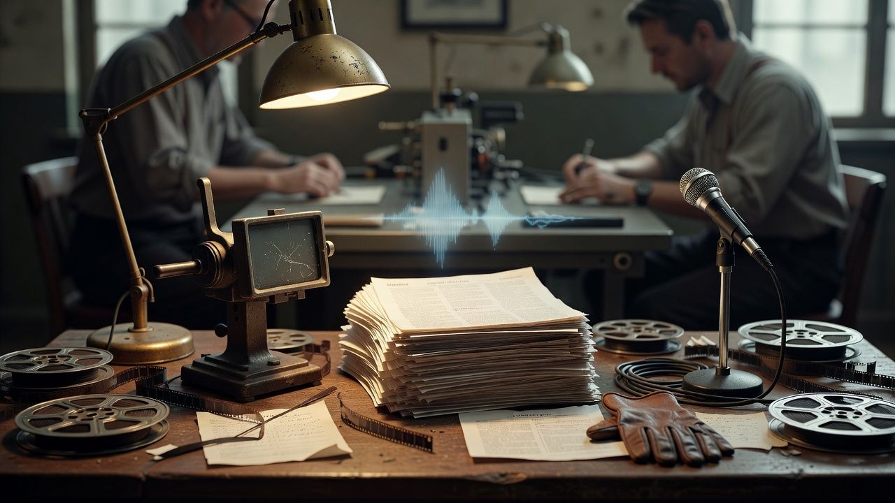 Stack of printed news copy beside a vintage editing viewer