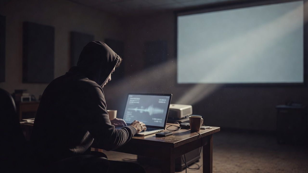 Projector beam cutting through a dark screening room
