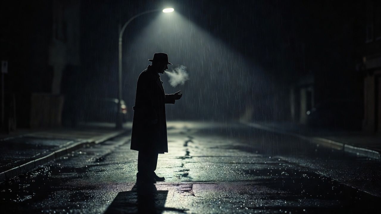 Silhouetted figure in a trench coat under a streetlamp in the rain
