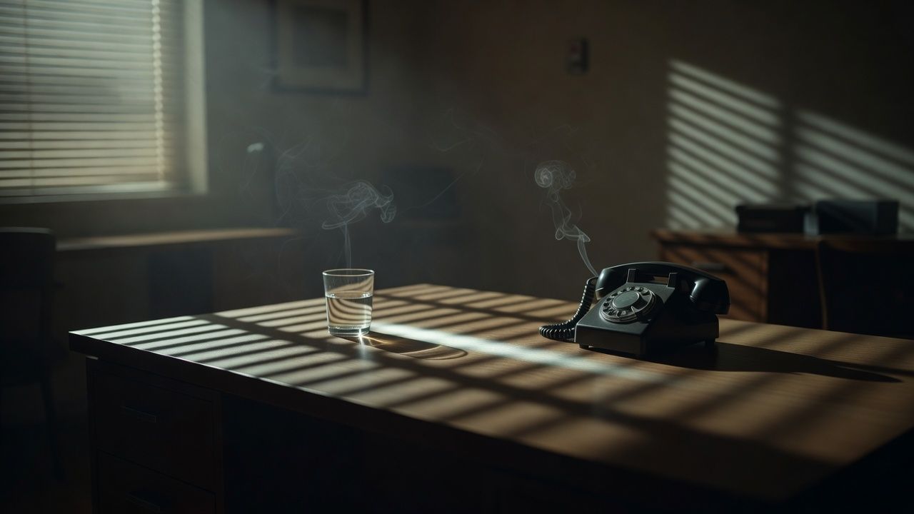 Venetian blinds casting hard shadows across an empty office desk