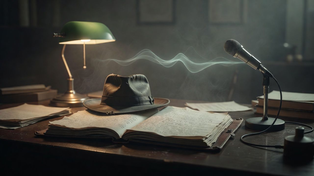 Open case file and a fedora on a desk beside a dim lamp