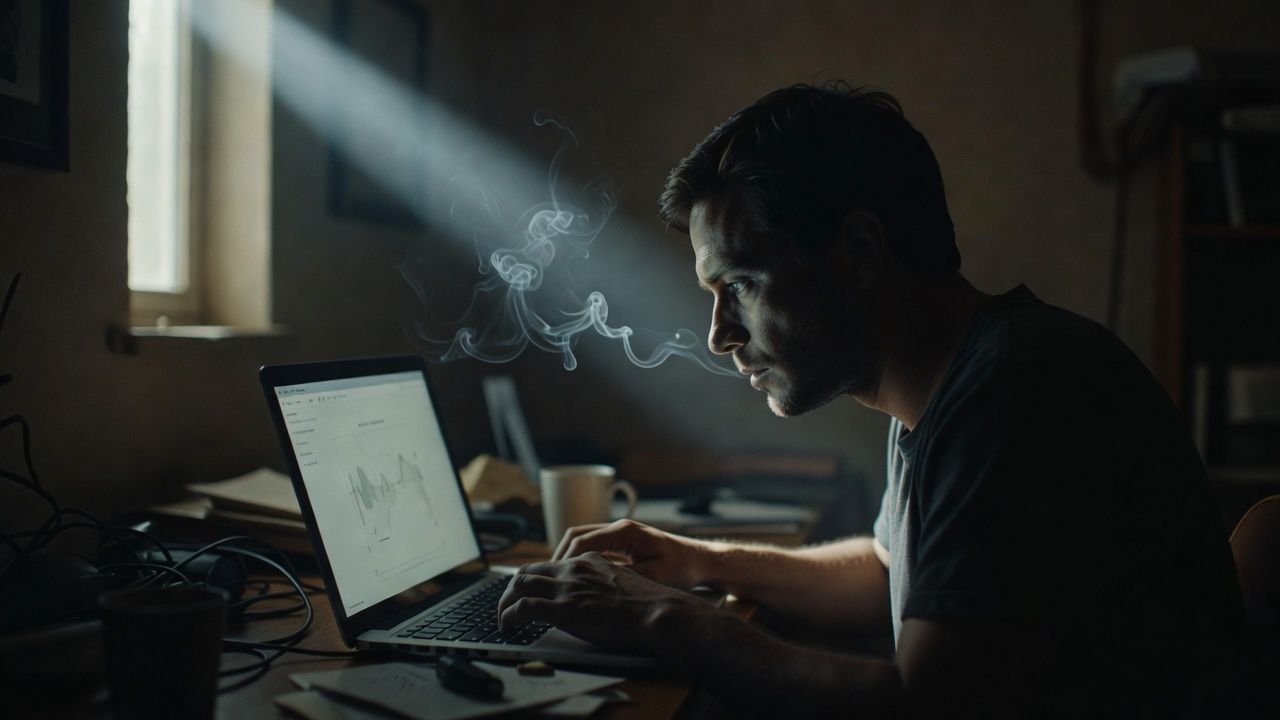 Cigarette smoke curling through a shaft of light in a dark room