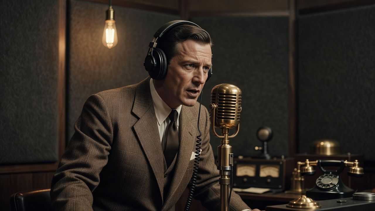 Announcer at a round vintage microphone in a 1940s broadcast booth
