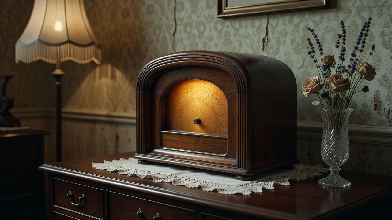 Wooden cathedral radio set glowing on a sideboard in a period parlor