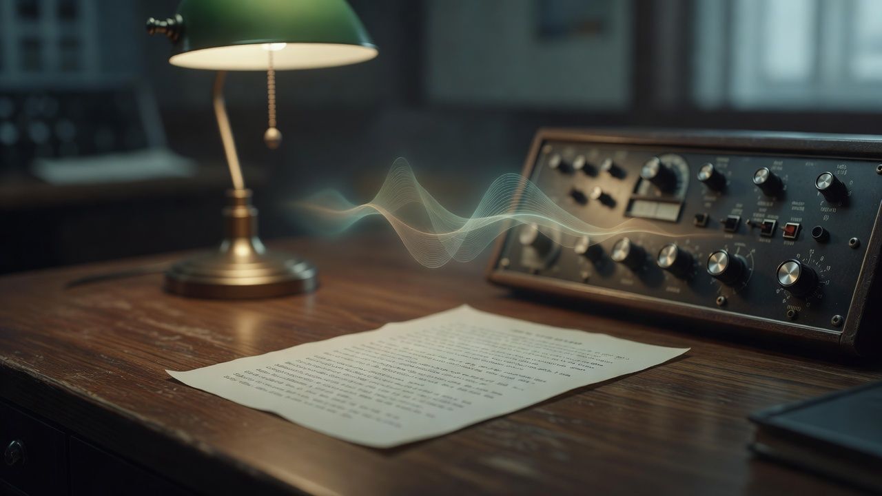 Typewritten broadcast script on a desk beside a control panel