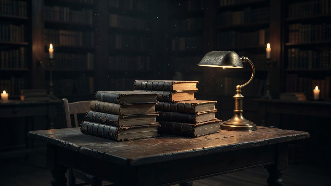 Leather-bound volumes stacked beside an antique reading lamp