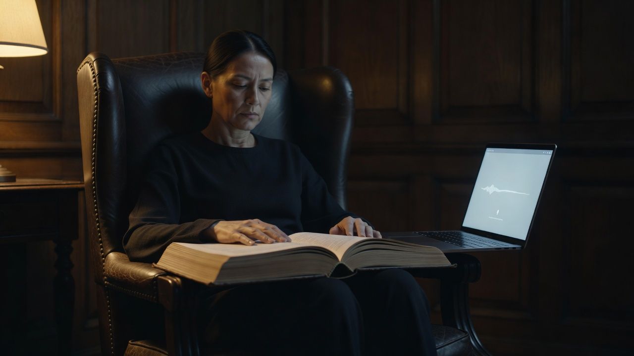 Reader in a high-backed chair with a large open tome