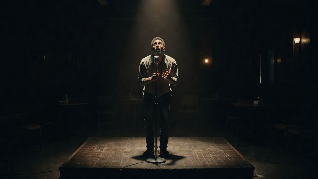 Performer reciting at a microphone on a small dim stage
