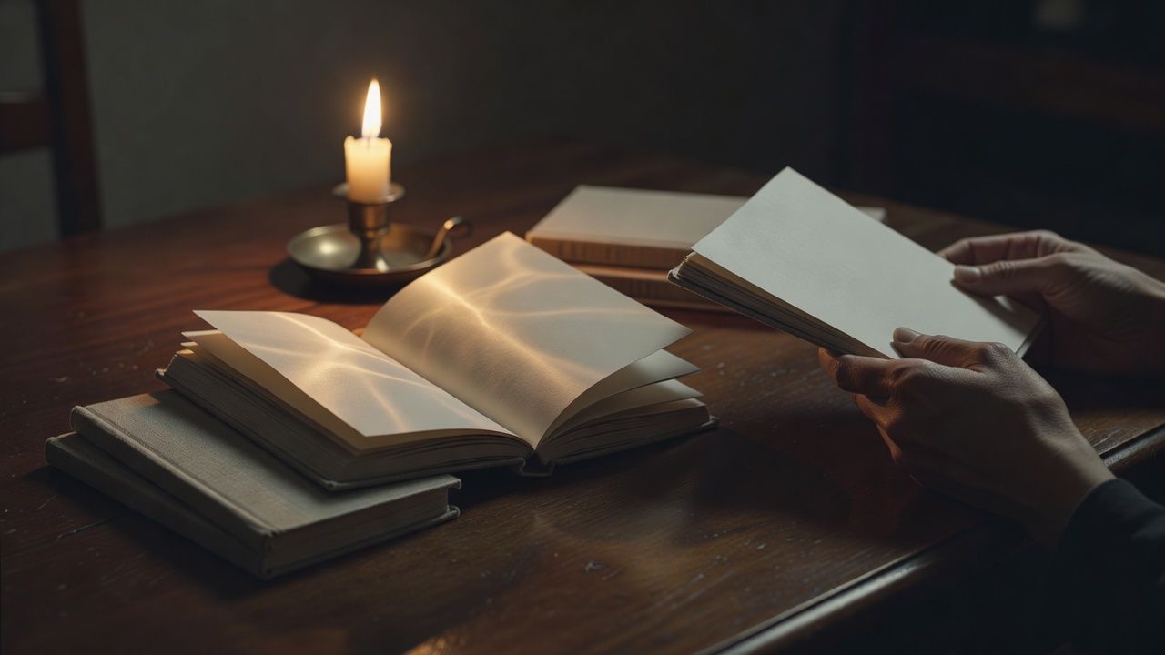 Slim poetry chapbooks fanned open beside a candle