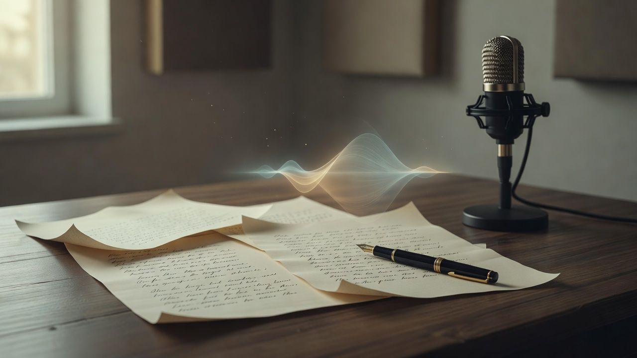 Handwritten verse on loose pages beside a fountain pen
