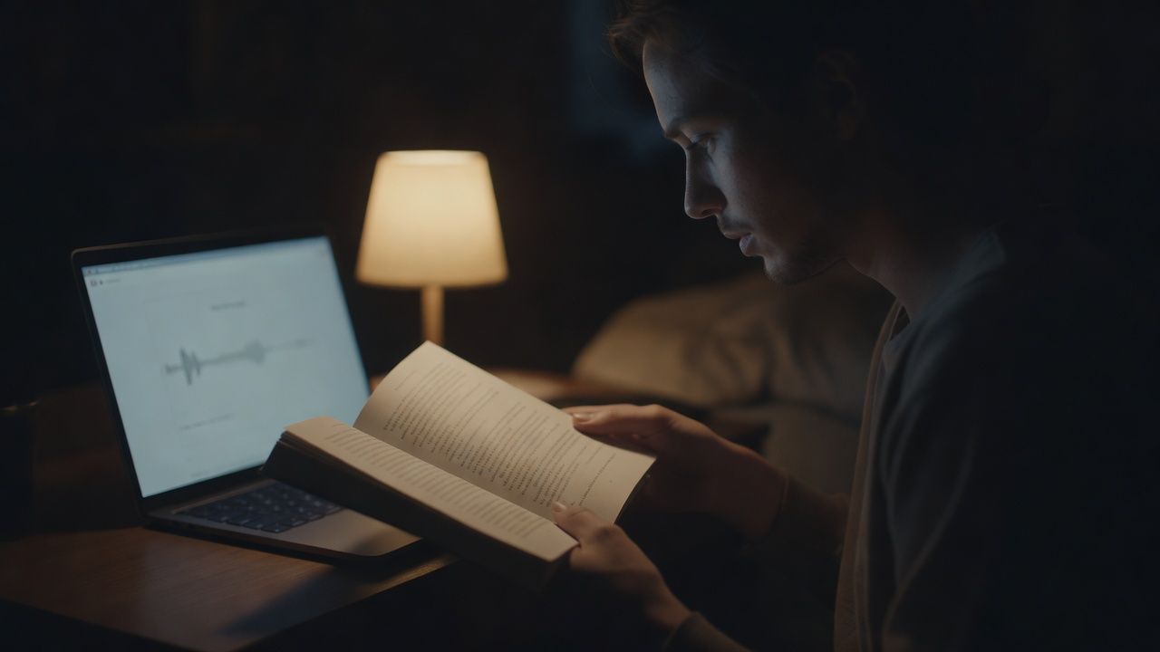 Reader holding an open chapbook beneath a soft reading lamp