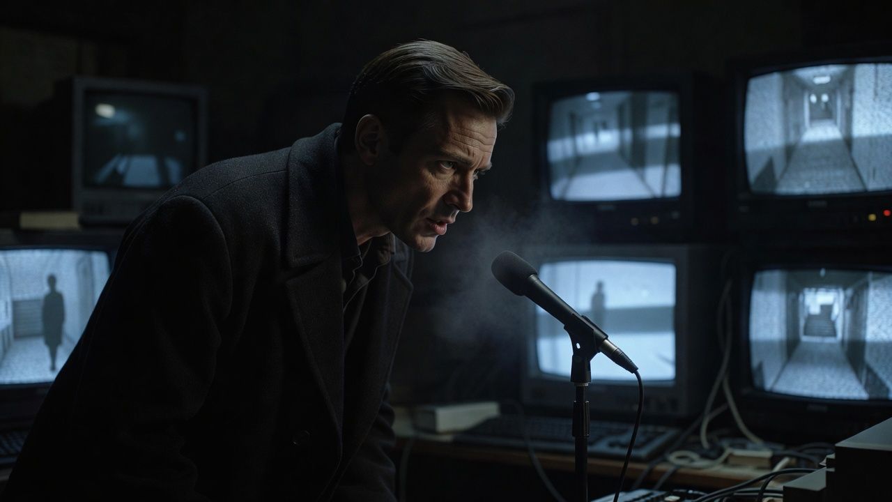 Tense figure narrating into a microphone in a dim surveillance room