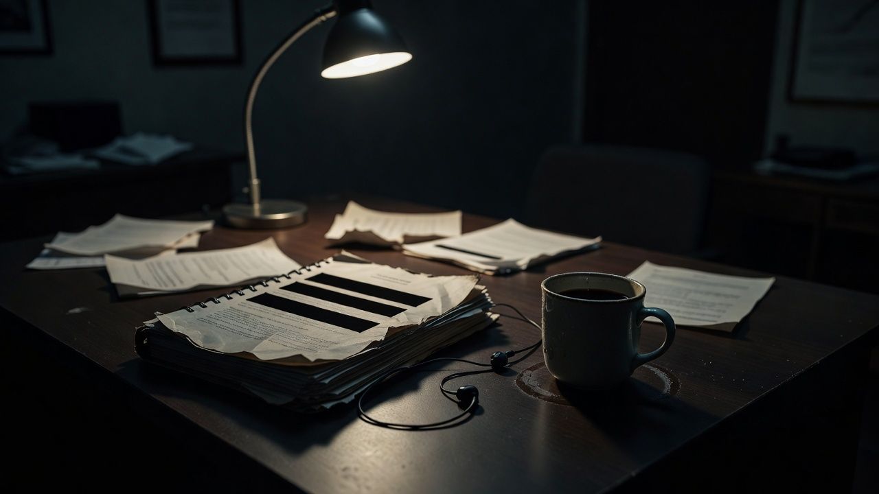 Redacted dossier and a covert earpiece on a dark desk