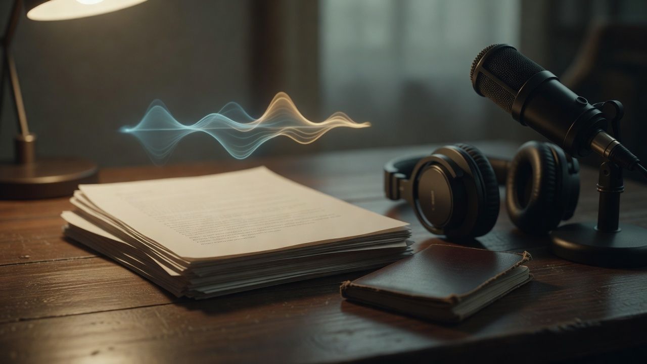 Manuscript pages beside a worn passport and headphones