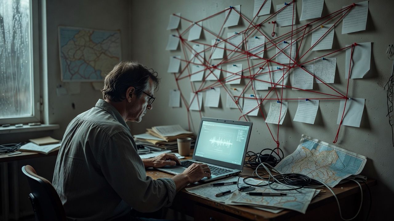 Analyst studying a wall of pinned notes under low light