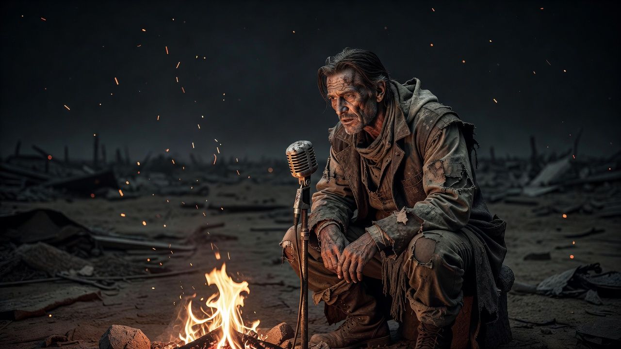 Weathered survivor narrating into a microphone beside a campfire
