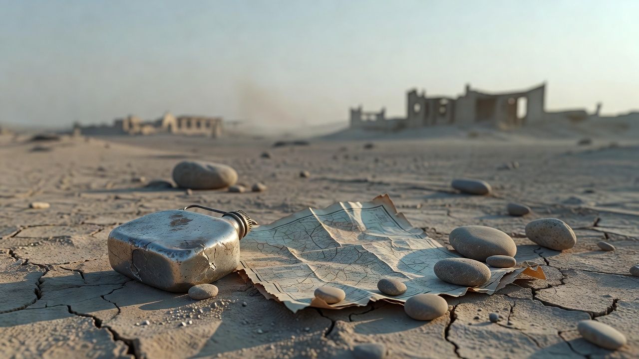 Cracked canteen and worn map weighted by stones on dry earth