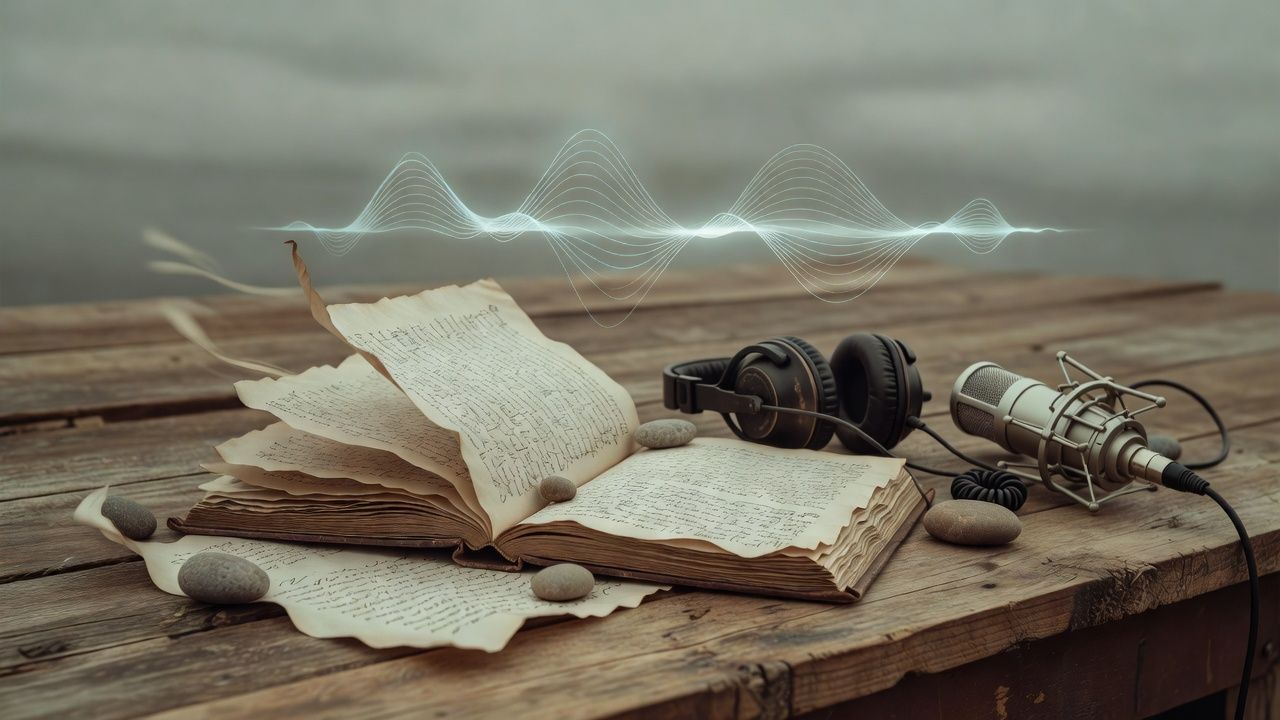 Open manuscript pages weighted against the wind beside headphones