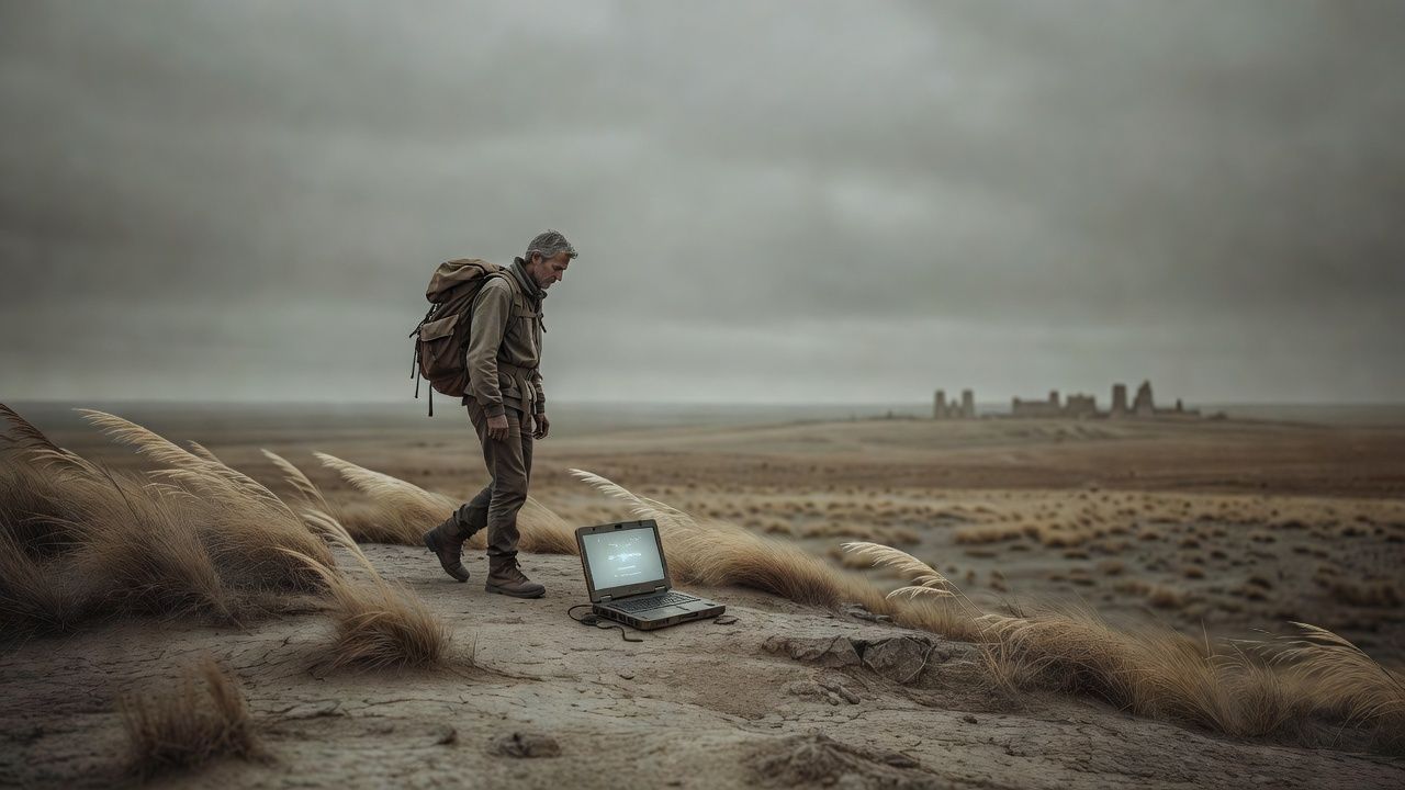 Wanderer crossing a barren ridge under a heavy gray sky