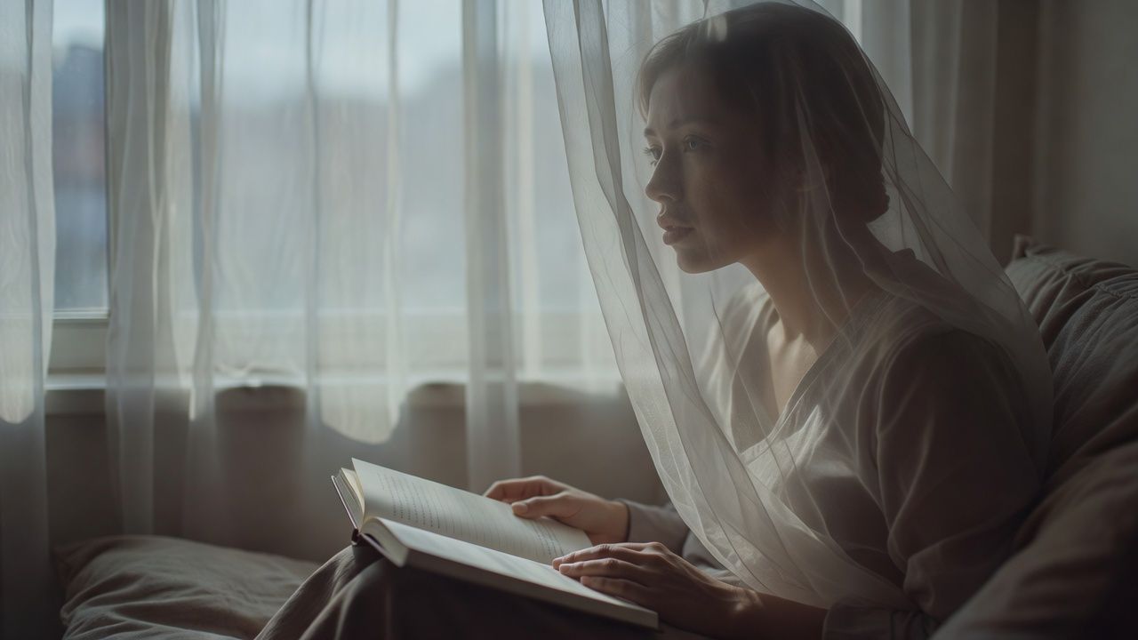 Reader at a window seat with an open notebook in soft light
