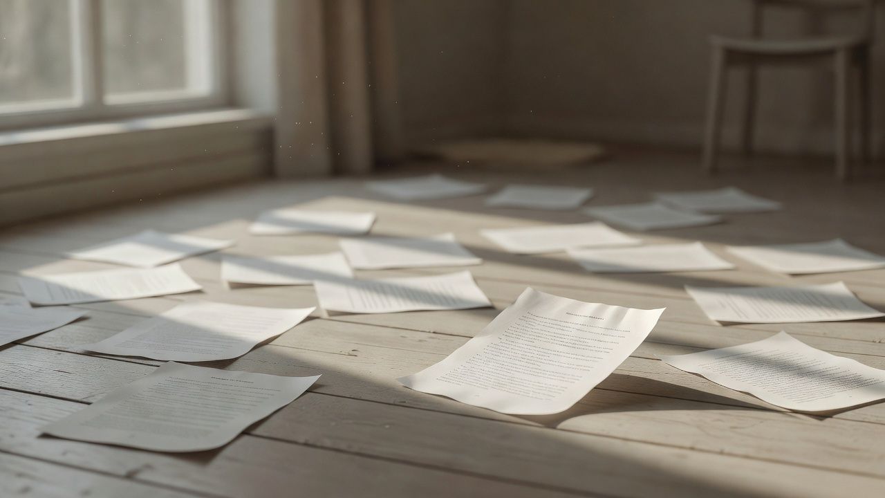 Loose pages of typed prose scattered on a pale wooden floor