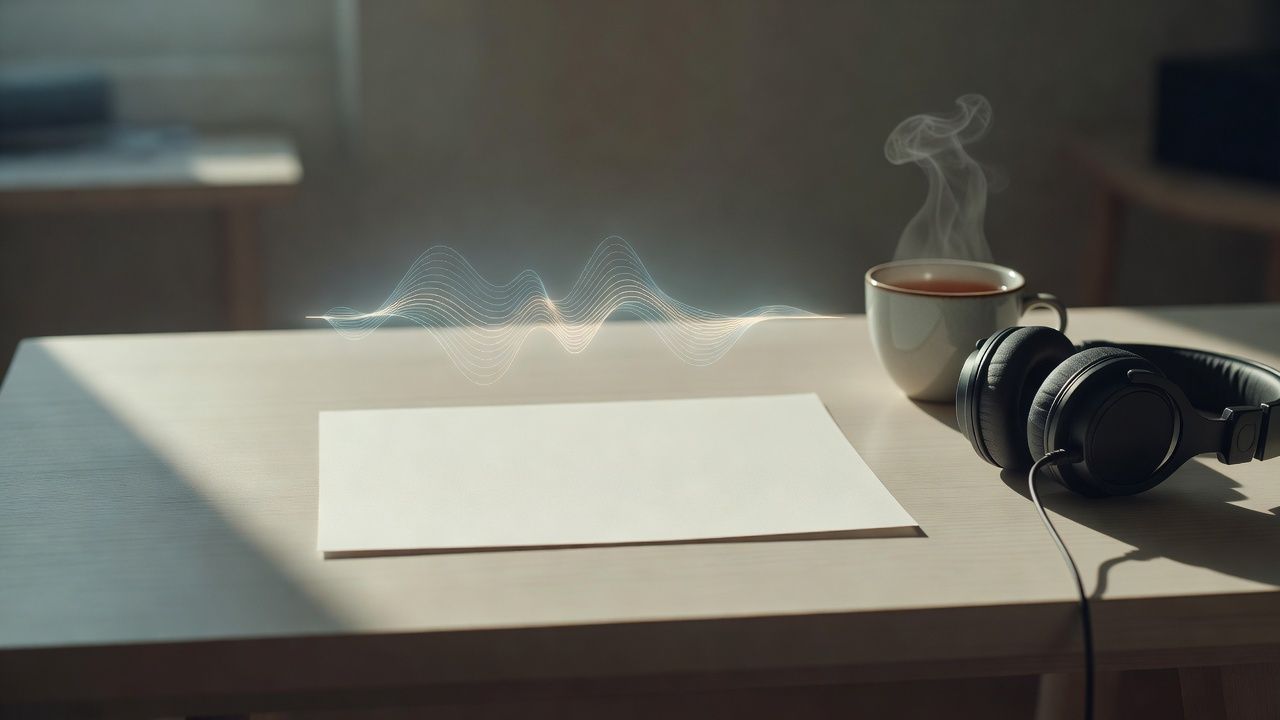 Single typed page on a desk beside a cup of tea and headphones