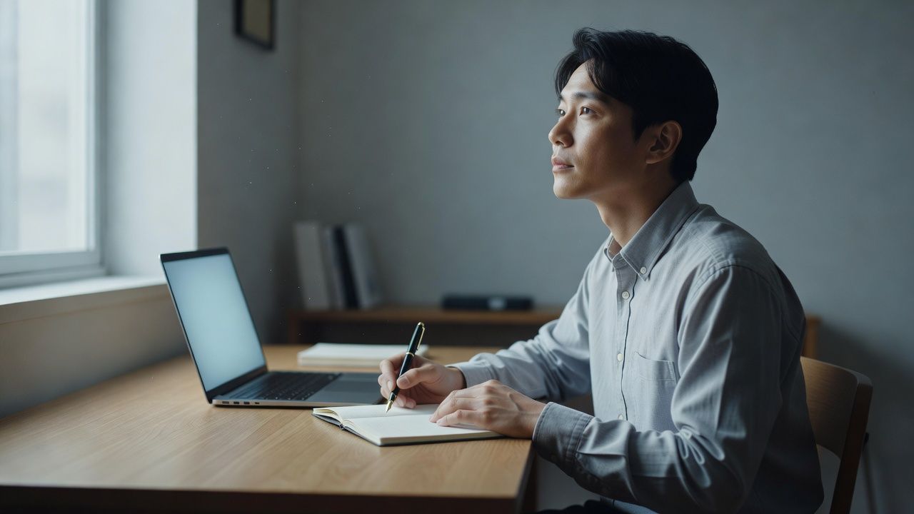 Writer pausing over a fountain pen at a quiet desk